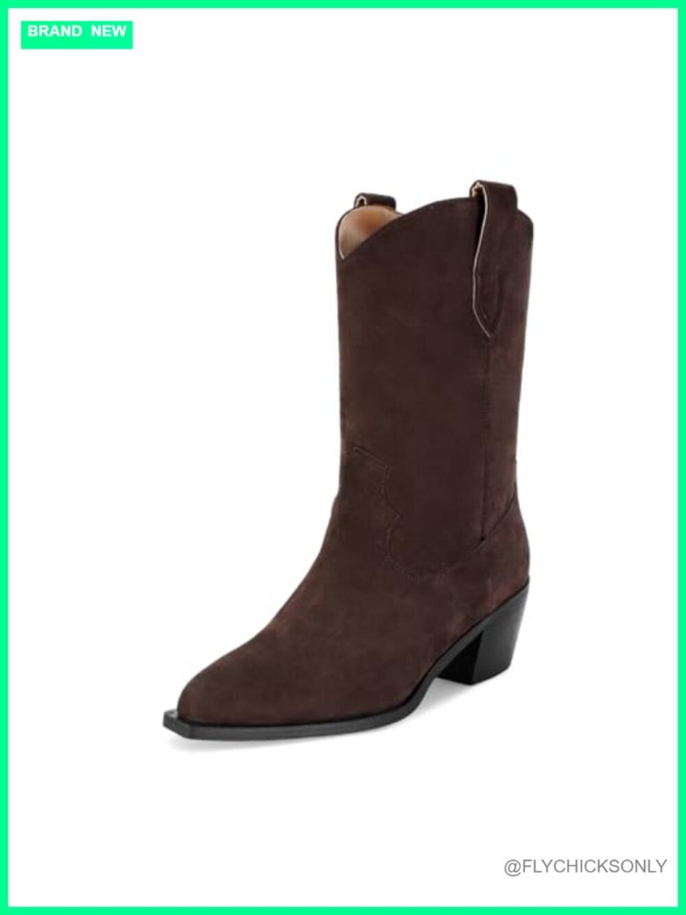 Suede Cowboy Boots Pointed Toe Mid-Calf Chunky Heel Pull On Western